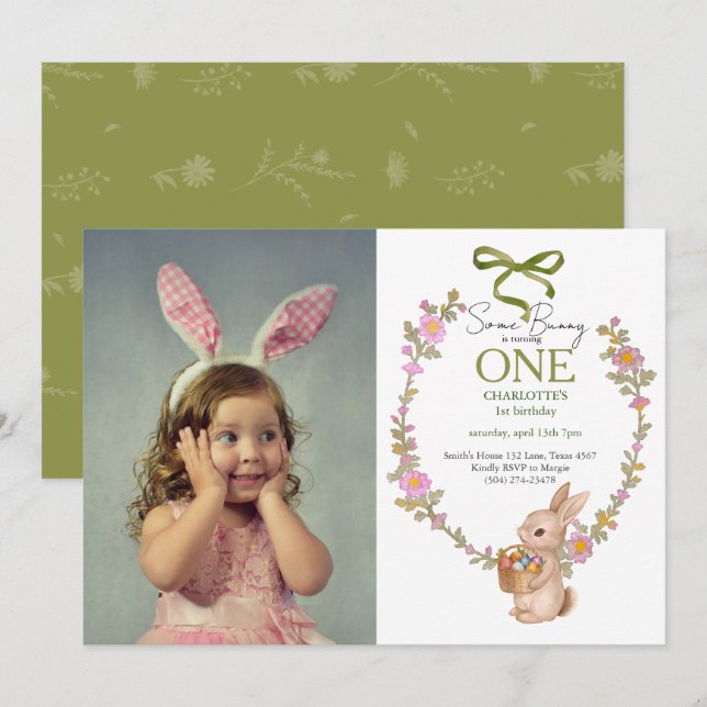 Floral Bunny Rabbit Easter Birthday Photo Invitation (Front/Back)