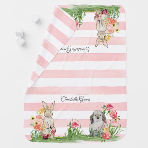 Floral Bunny Rabbit Striped Watercolor Baby Girl Baby Blanket