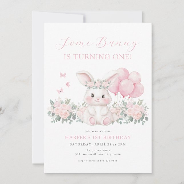 Floral Bunny Spring Girl Pink Bunny First Birthday Invitation (Front)