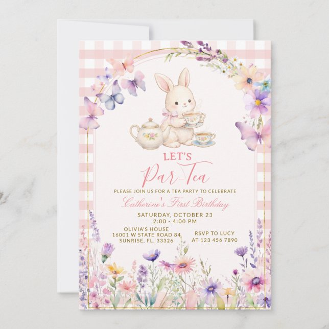 Floral Bunny Tea Party Birthday Pink Gingham Invitation (Front)
