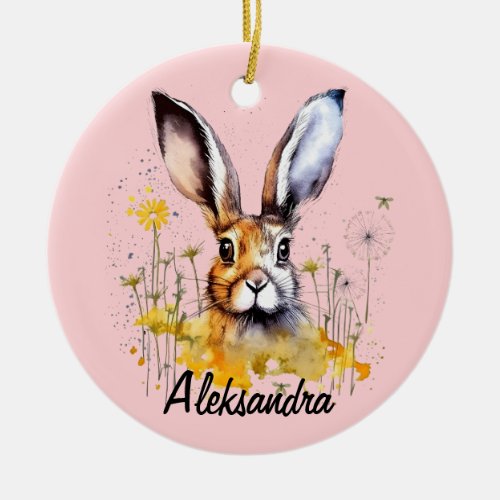 Floral Bunny with Yellow Dandelions Ceramic Ornament