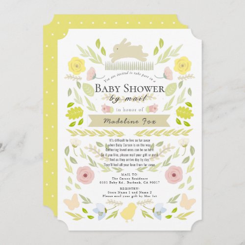 Floral Bunny Yellow Girl Baby Shower by Mail Invitation