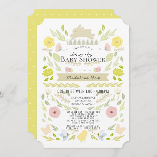 Floral Bunny Yellow Girl Drive_by Baby Shower Invitation