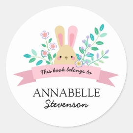 Floral Bunny | Yellow & Pink This Book Belongs To Classic Round Sticker