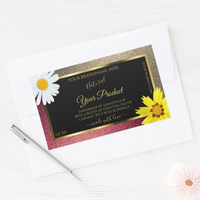 Floral Burgund Gold Glitter Black Product Labels (Envelope)