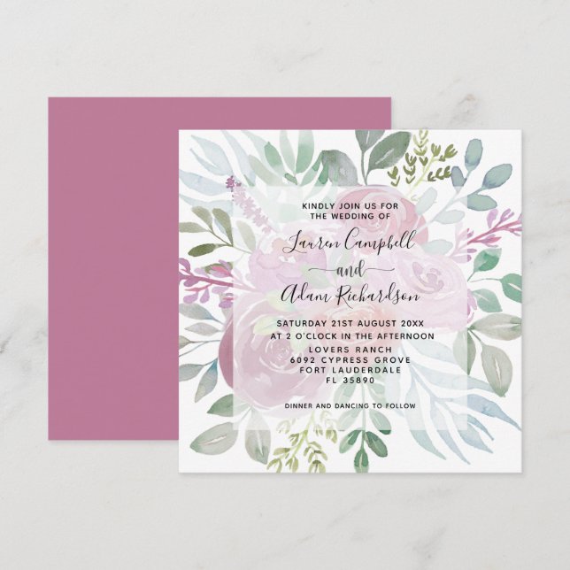 Floral Burgunday Dusty Pink Watercolor Wedding Invitation (Front/Back)
