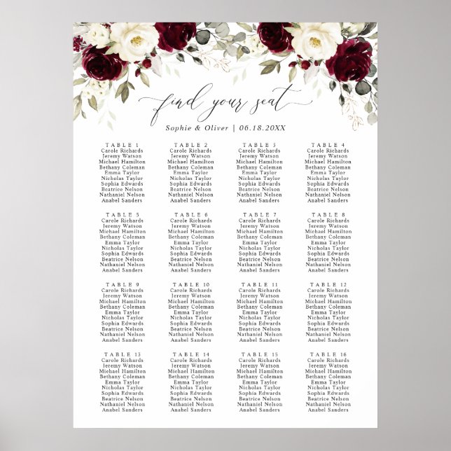 Floral Burgundy 16 Tables Wedding Seating Chart (Front)