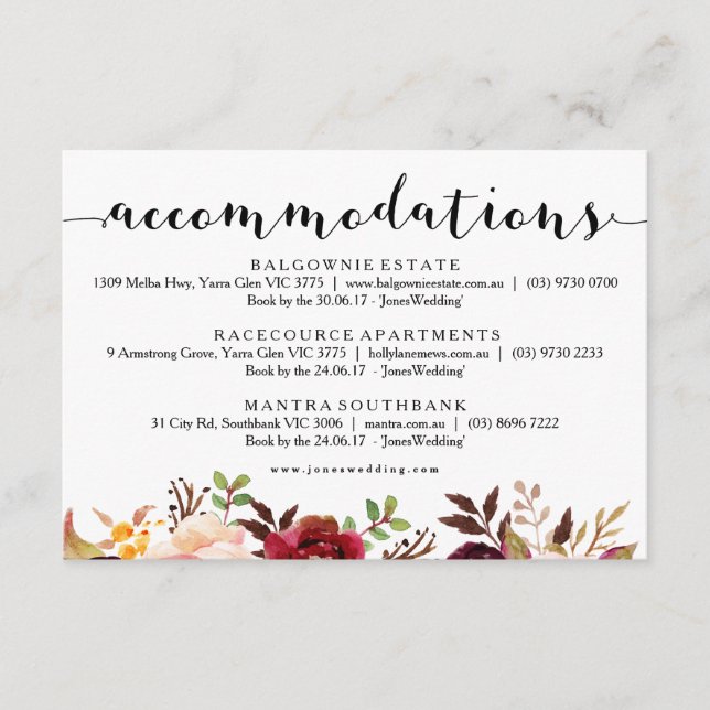 Floral Burgundy Accommodations Info Card (Front)