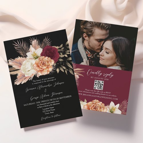 Floral Burgundy and Black Wedding QR Code Invitation