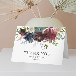 Floral Burgundy and Blue Wedding Thank You Card