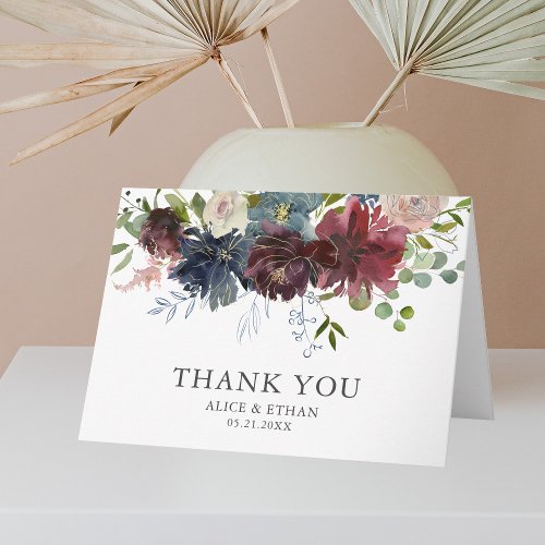 Floral Burgundy and Blue Wedding Thank You Card