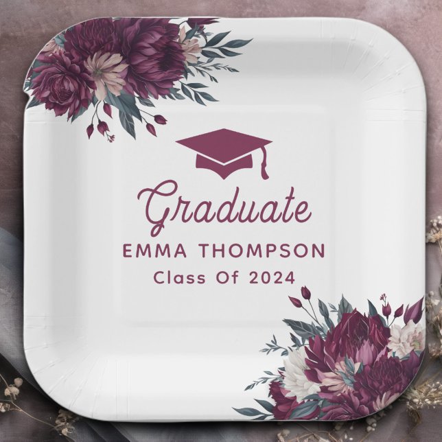 Floral Burgundy And Cream Graduation Class Of 2024 Paper Plates (Creator Uploaded)