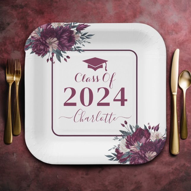 Floral Burgundy And Cream Graduation Class Of 2024 Paper Plates (Creator Uploaded)