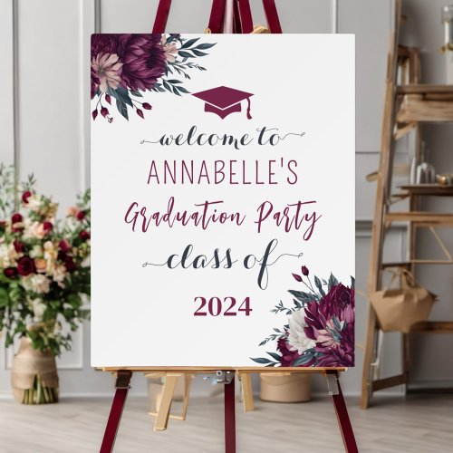 Floral Burgundy And Cream Graduation Welcome Poster