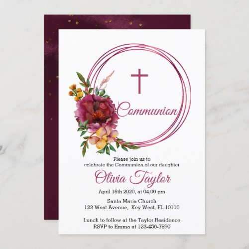 Floral Burgundy and Gold Communion Invitation