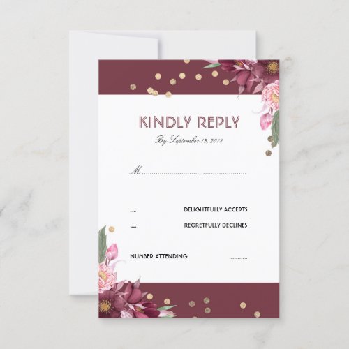 Floral Burgundy and Gold Dots Wedding RSVP Card