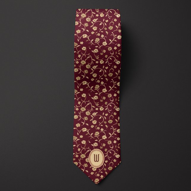 Floral Burgundy and Gold Monogram  Neck Tie (Creator Uploaded)