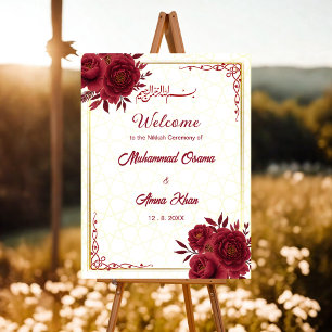 Floral Burgundy and Gold Nikkah Welcome Sign