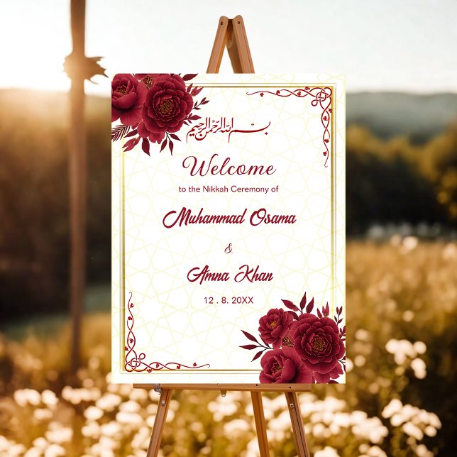 Floral Burgundy and Gold Nikkah Welcome Sign (Creator Uploaded)