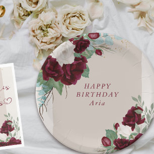 Floral Burgundy and Ivory Roses Personalized Paper Plates