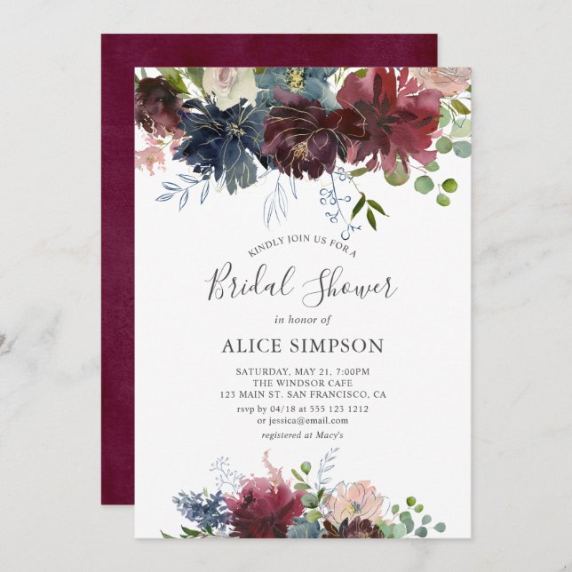 Floral Burgundy And Navy Blue Bridal Shower Invitation (Front/Back)