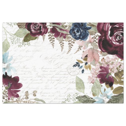 Floral Burgundy and Navy Script Ephemera Decoupage Tissue Paper