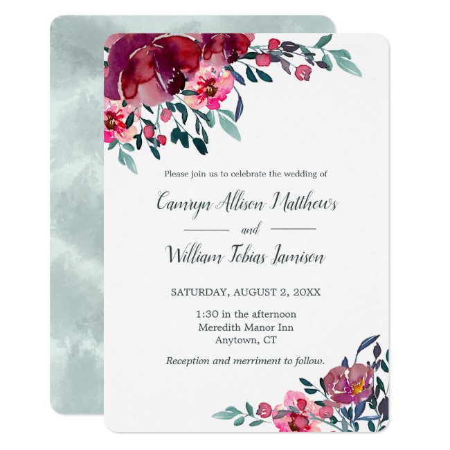 Floral Burgundy and Sage Watercolor Wedding Invitation