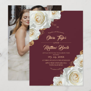 Floral Burgundy and White Roses Wedding Invitation