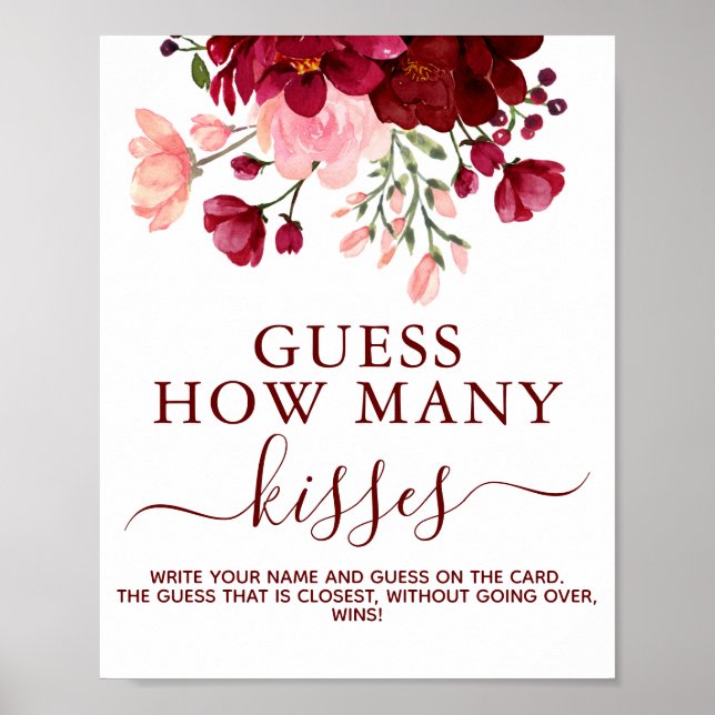 Floral Burgundy Baby Shower Guessing Game Sign (Front)