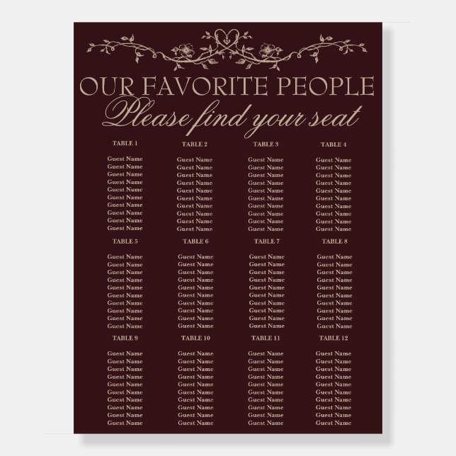 Floral Burgundy Beige Boho Wedding Seating Charts Foam Board (Front)