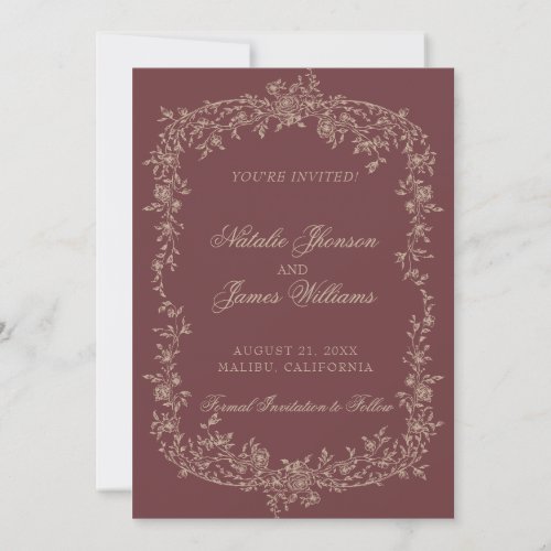 Floral Burgundy Beige Botanical Old Money Wedding Save The Date
