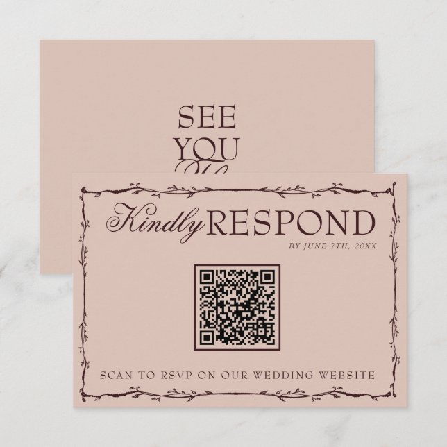 Floral Burgundy Beige Old Money QR Code Wedding RSVP Card (Front/Back)