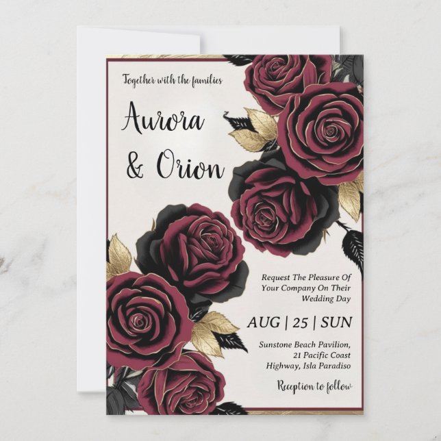 floral burgundy black and gold wedding invitations (Front)