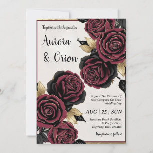 floral burgundy black and gold wedding invitations