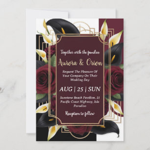floral burgundy black and gold wedding invitations