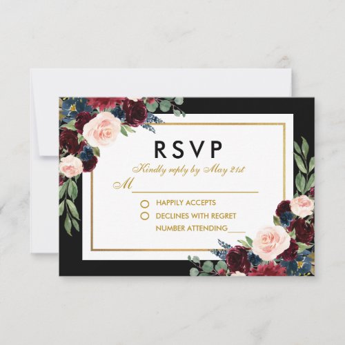 Floral Burgundy Blue Black Gold Wedding RSVP