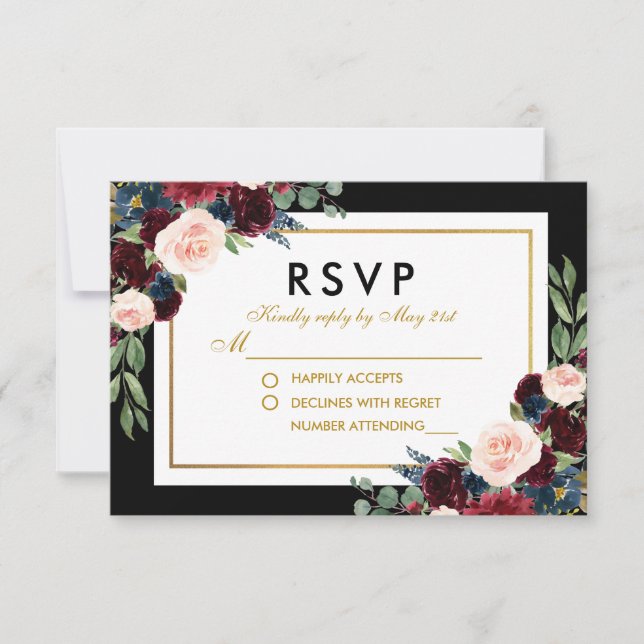 Floral Burgundy Blue Black Gold Wedding RSVP Card (Front)