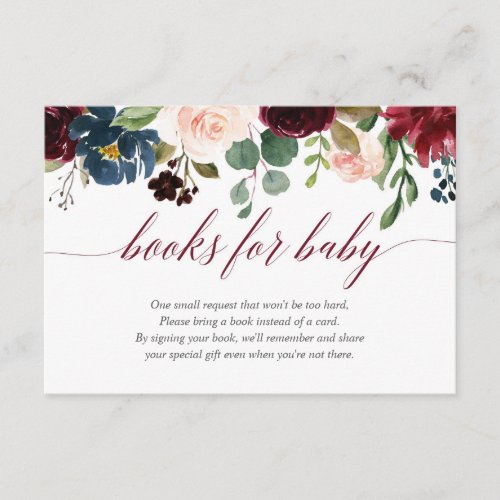 Floral burgundy blue girl baby shower book request enclosure card