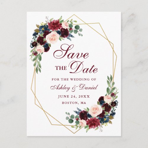 Floral Burgundy Blue Gold Frame Save the Date Announcement Postcard