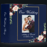 Floral Burgundy Blue Gold Photo Wedding 3 Ring Binder<br><div class="desc">Watercolor Burgundy Floral Blue Gold Wedding Photo Binder - Side spine text</div>
