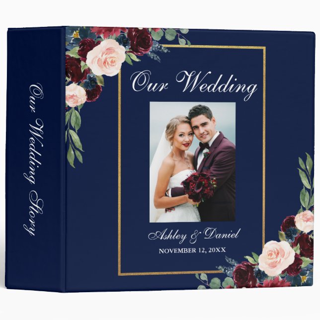 Floral Burgundy Blue Gold Photo Wedding 3 Ring Binder (Front/Spine)