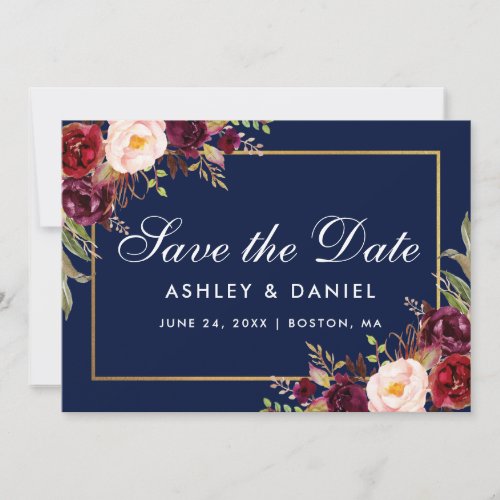 Floral Burgundy Blue Gold Save The Date