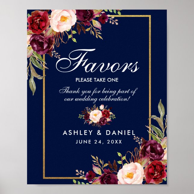 Floral Burgundy Blue Gold Wedding Favors Poster (Front)
