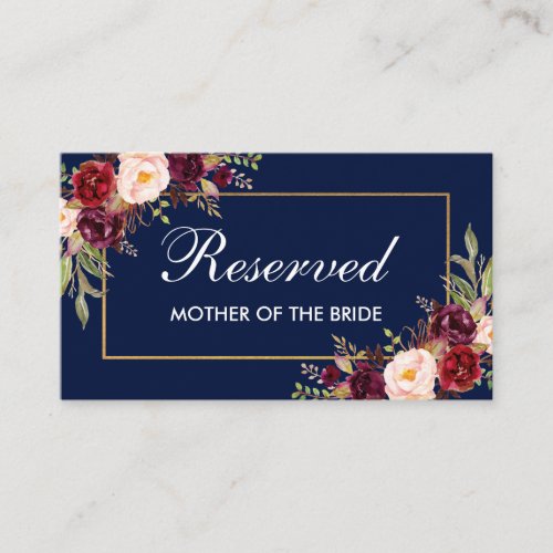 Floral Burgundy Blue Gold Wedding Reserved Name Place Card