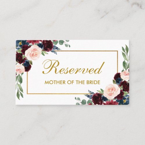 Floral Burgundy Blue Gold Wedding Reserved Name Place Card