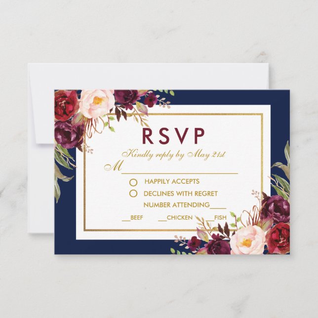 Floral Burgundy Blue Gold Wedding RSVP (Front)
