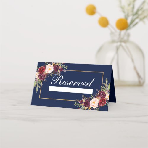 Floral Burgundy Blue Reserved Wedding Place Card