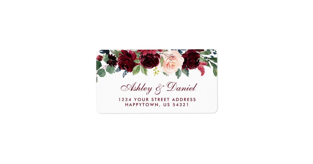Floral Burgundy Blue Wedding Address Label | Zazzle