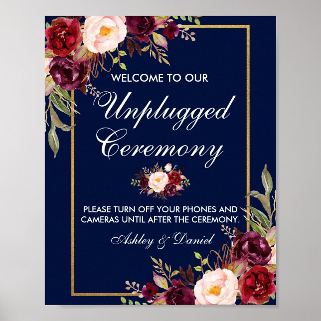 Floral Burgundy Blue Wedding Ceremony Unplugged Poster (Front)