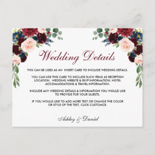 Floral Burgundy Blue Wedding Details Insert Card